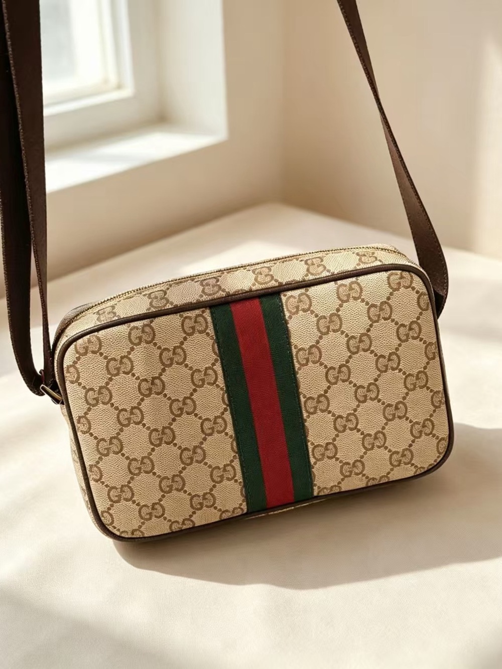 Gucci Beige Supreme Canvas Crossbody with Green & Red Web Stripe